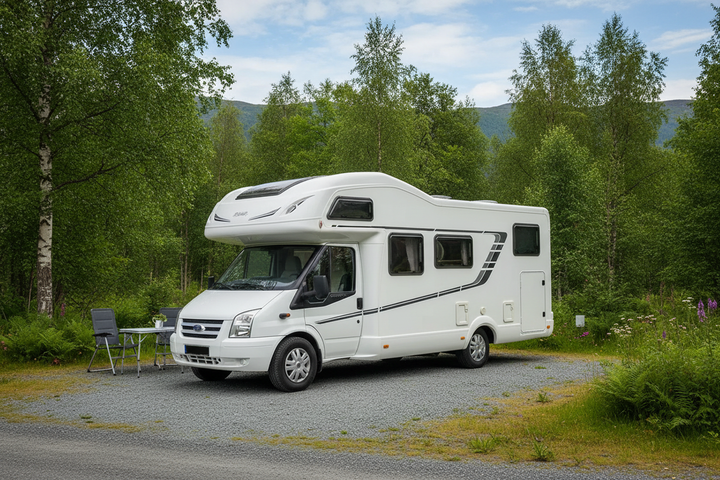 Hvit bobil parkert i norsk landskap, illustrasjon til artikkel om mus i bobil