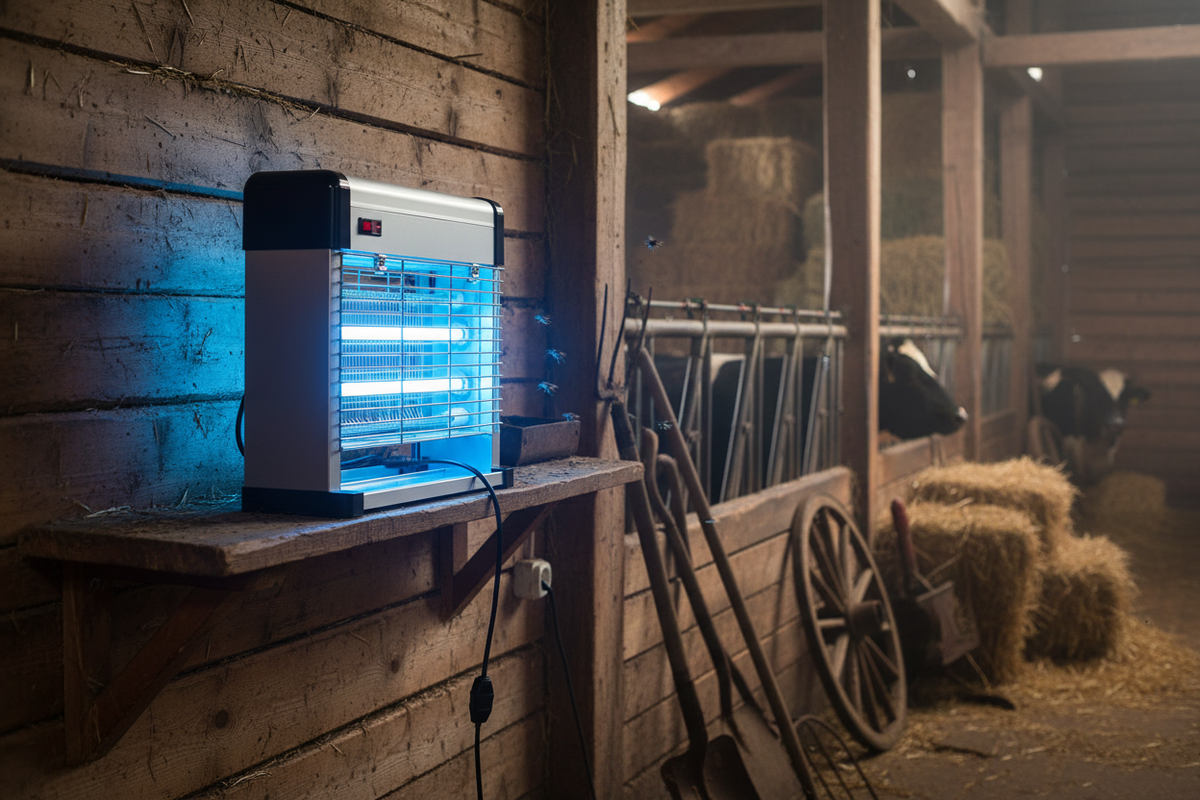 Elektrisk fluefanger på hylle i fjøs