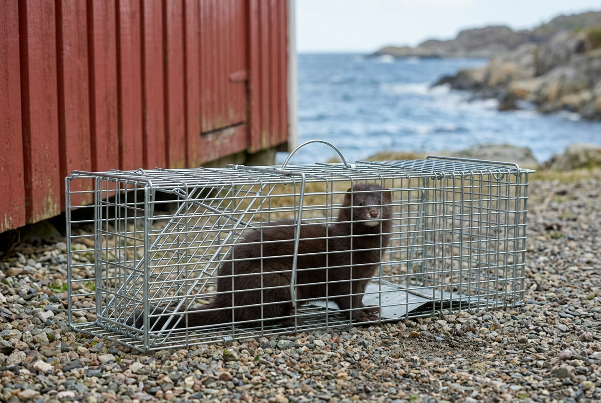 Fangstbur med mink ved en kysthytte med sjø i bakgrunnen