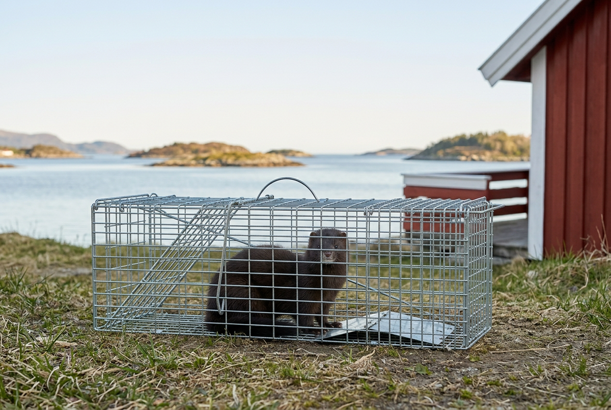 Fangstbur med mink ved en rød hytte med utsikt mot sjøen