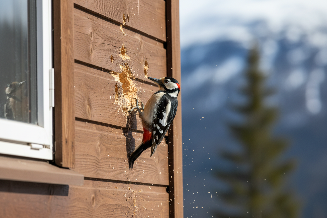 Flaggspett hakker på husvegg