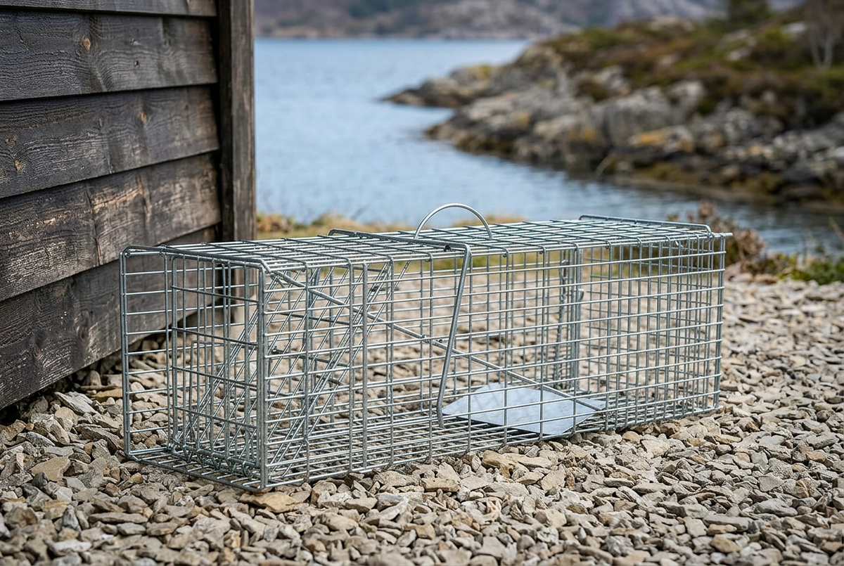 Tomt fangstbur ved en hytte med sjø i bakgrunnen