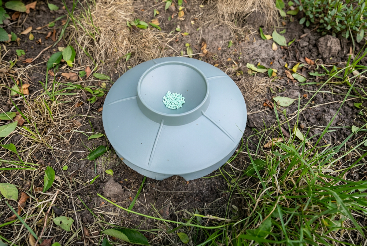 UFOstation med sneglekorn i hagen i liggende 3:2-format